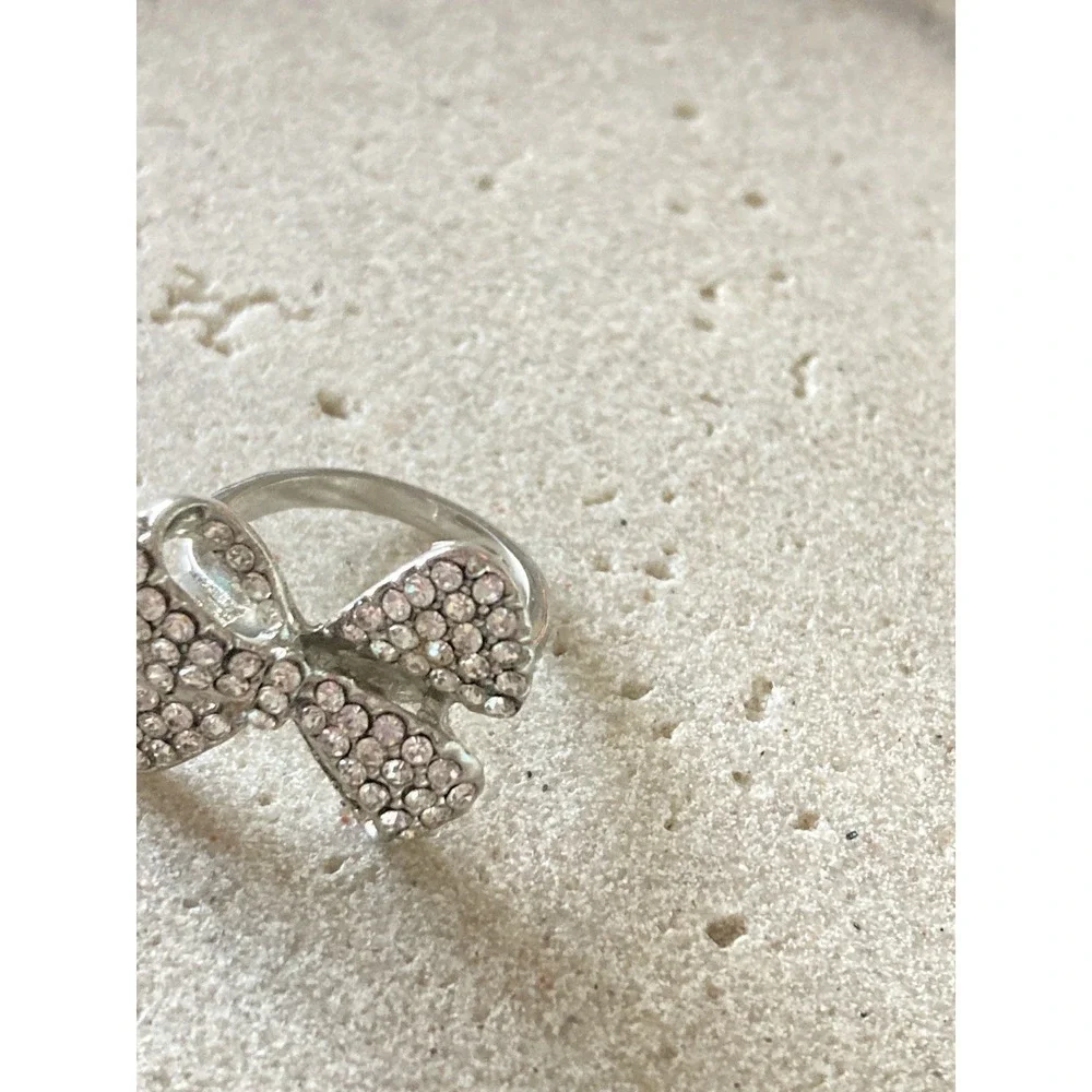 Silver Tone Bow‎ Ring Clear Rhinestone Pave Fashion Ring Feminine Statement